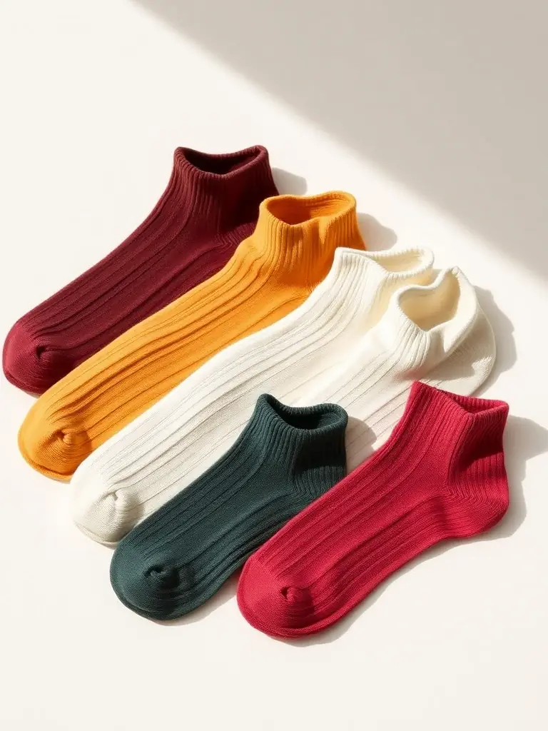 A selection of Arlin One Textile's ankle-length socks made from bamboo fiber, emphasizing their softness and eco-friendly nature. The socks are arranged to show the variety of colors.
