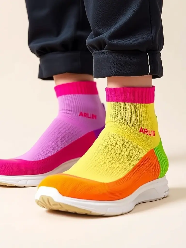 A pair of Arlin One Textile's sneaker socks in a vibrant color, highlighting their low-cut design and breathability. The socks are shown inside a stylish sneaker.