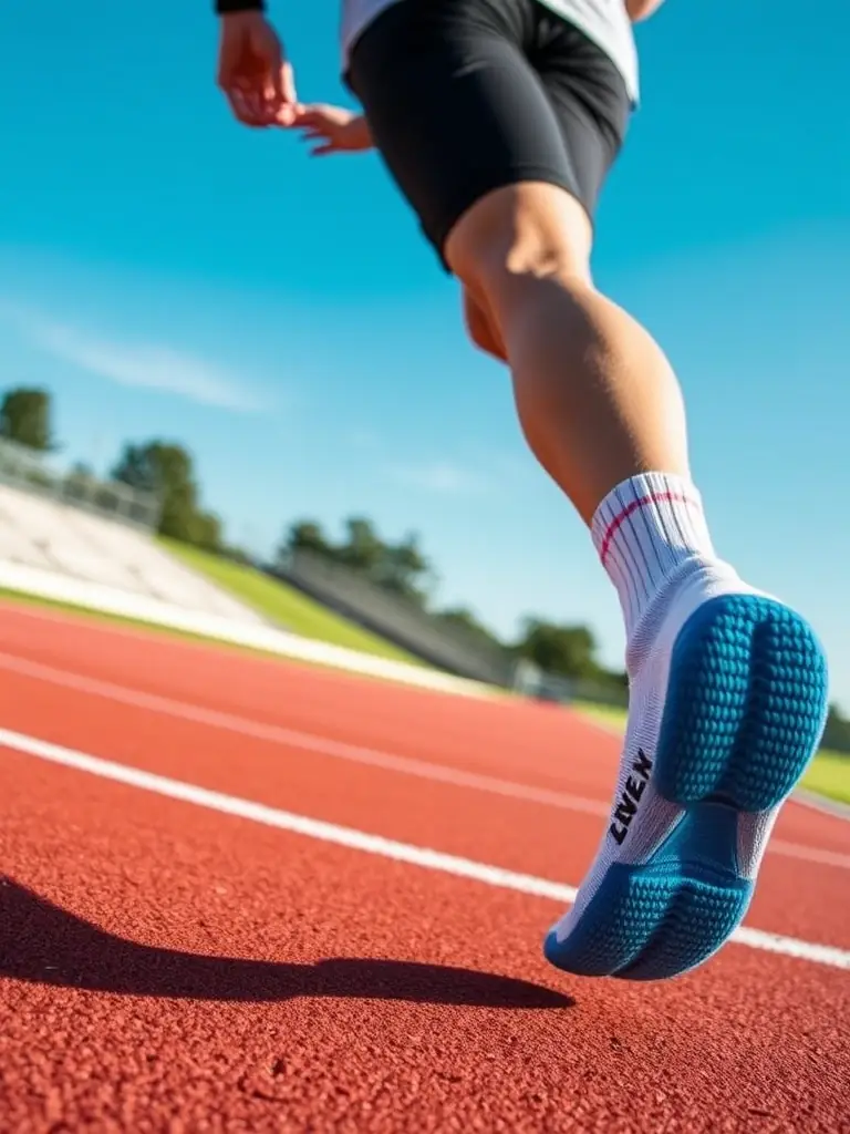 A pair of sporty sneaker socks made from a nylon and polyester blend, shown in action during a light jog, emphasizing the socks' moisture-wicking and durable properties.